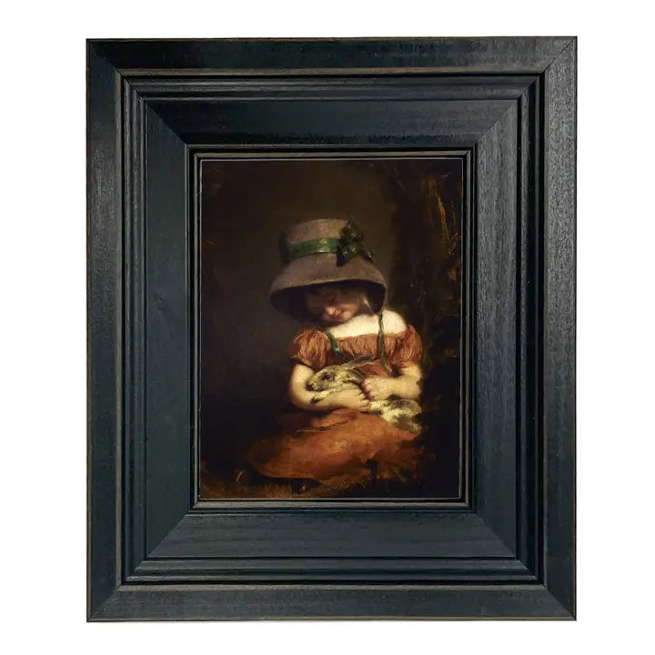 Girl with Rabbit Framed Print on Distressed Black Frame