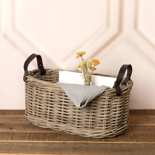 Rattan Basket with Leather Handles