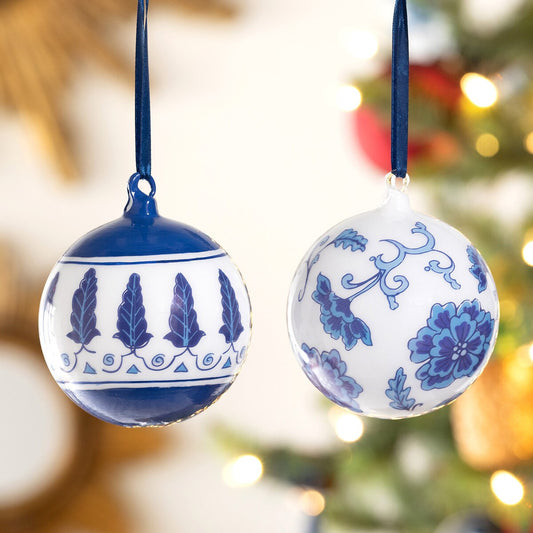 Chinoiserie Peony/Feather Glass Ball Ornament, Set of 2