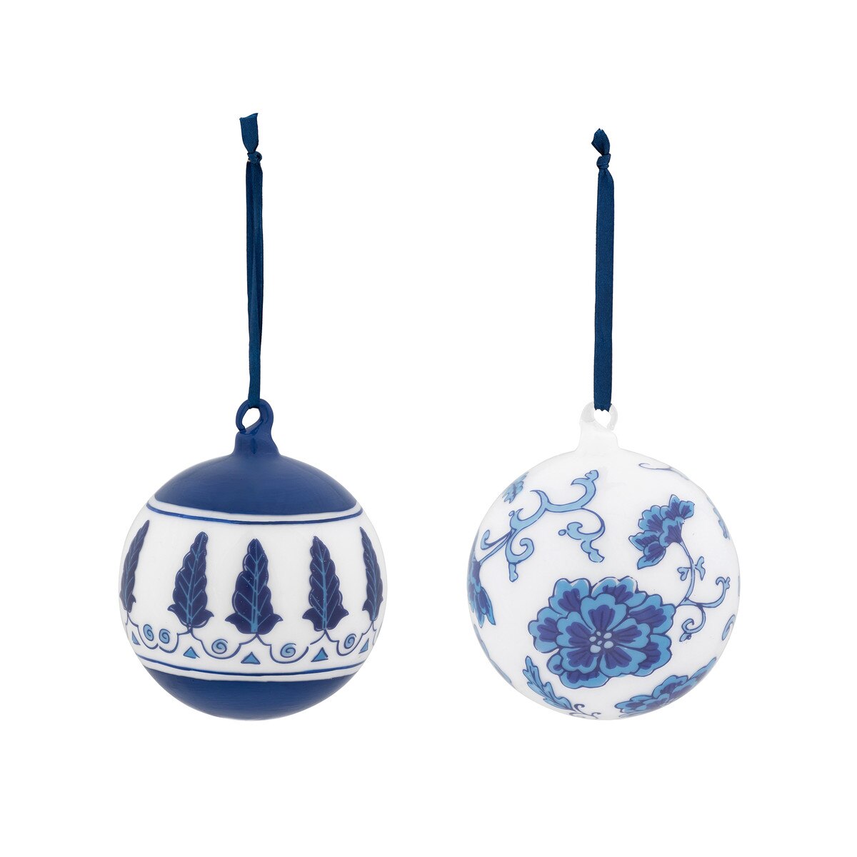 Chinoiserie Peony/Feather Glass Ball Ornament, Set of 2