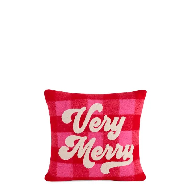 "Very Merry" Plaid Pillow,Red