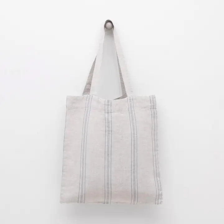 Linen Tote Bag - Gray Blue Wide Stripe